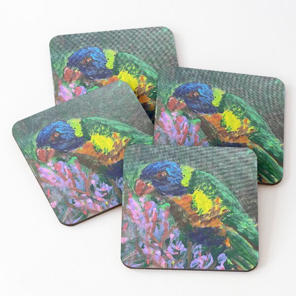 Item preview, art print painting of a rainbow lorikeet eating pink gum blossom australian fauna  and flora  designed and sold by empressbat merch.
