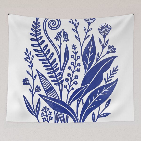 Item preview, Blue Floral Linocut Print - Wildflower Botanical Illustration - Minimalist Nature Wall Art - Navy Blue Garden Folk Art designed and sold by seven things shop.