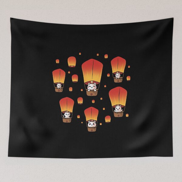 Item preview, Kawaii Cat Sky Lanterns Pattern - Cute Kittens in Hot Air Balloons designed and sold by erion5k.
