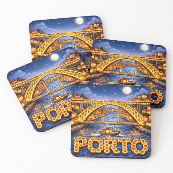 Item preview, Porto at Night, Portugal – Colorful Cartoon City with Pastel de Nata designed and sold by Ar0undTheW0rld.