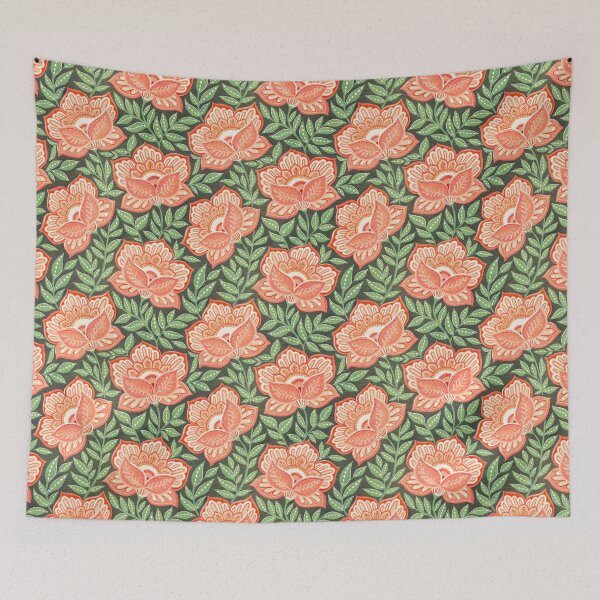 Item preview, Boho Peach Coral Textured Chintz Floral with Soft Green Leaves  designed and sold by micklyn.