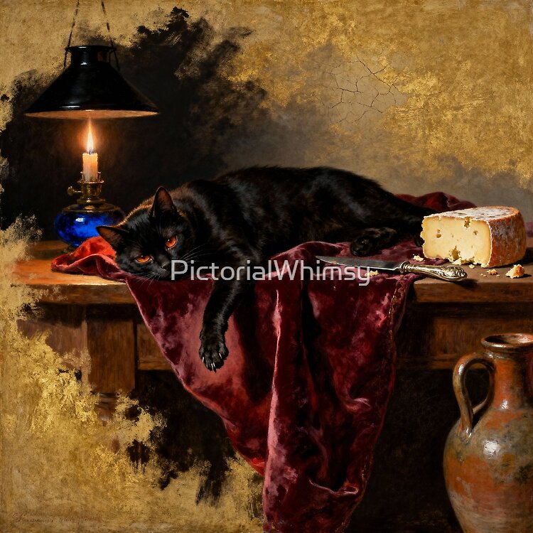 Black cat baroque oil portrait with midnight feast — regal feline art print