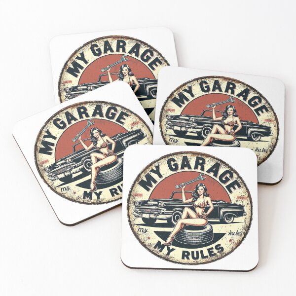 Item preview, My Garage My Rules – Retro Pin-Up Mechanic Girl Vintage Car Sign designed and sold by Shadow Line Studio.