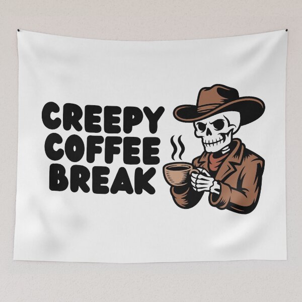 Item preview, Cowboy Skeleton Drinking Coffee – Western Spooky Illustration designed and sold by Panda Creative Studio.