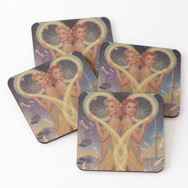 Item preview, Twin Retro Futurist Pin‑Up Women with Liquid Metal Neural Ribbons designed and sold by MissSaylor.