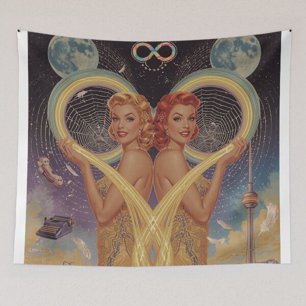 Item preview, Twin Retro Futurist Pin‑Up Women with Liquid Metal Neural Ribbons designed and sold by MissSaylor.