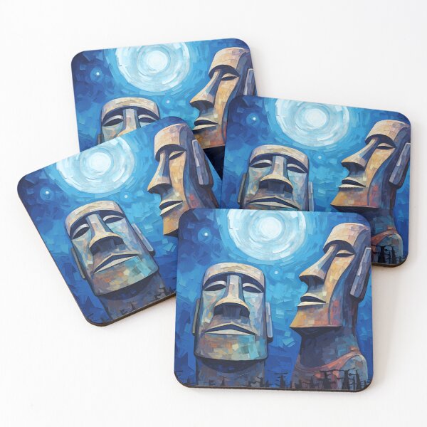 Item preview, Moai Statues Under Full Moon - Modern Watercolor Art designed and sold by Anuchartl.