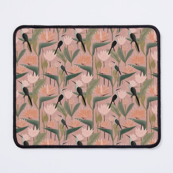 Item preview, Stylized Birds and Lotus Flowers in Pink, Green & Beige – Lotuslight Aviary designed and sold by The Print Parlor.