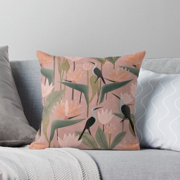 Item preview, Stylized Birds and Lotus Flowers in Pink, Green & Beige – Lotuslight Aviary designed and sold by The Print Parlor.