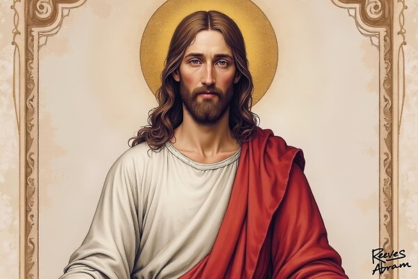 Jesus Christ Portrait with Ornate Border - Renaissance-Inspired Sacred Artwork