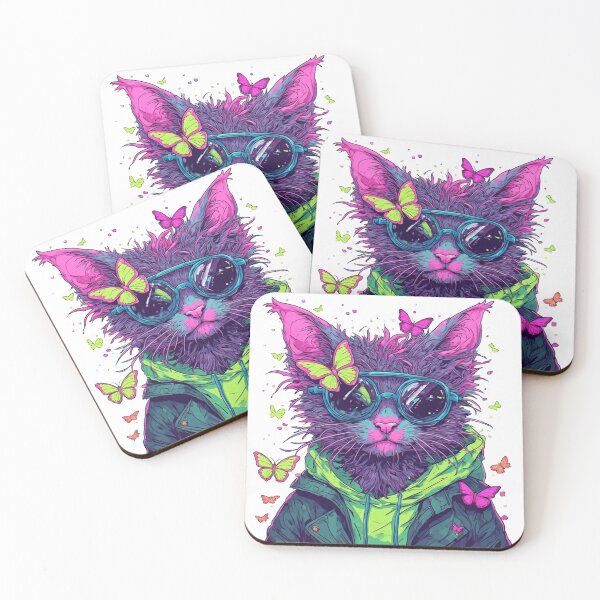Item preview, Cyberpunk Cat with Sunglasses and Neon Butterflies Pop Art designed and sold by sanorastyle.