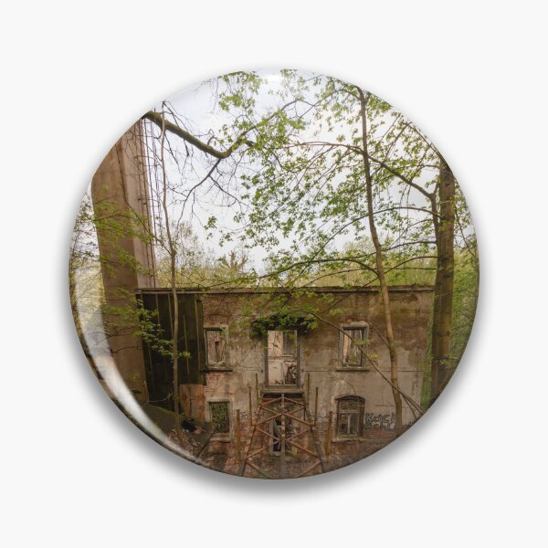 Item preview, Abandoned factory in the woods with a chimney – Lost Place industrial heritage & urban exploration photography designed and sold by MarkusUrbex.