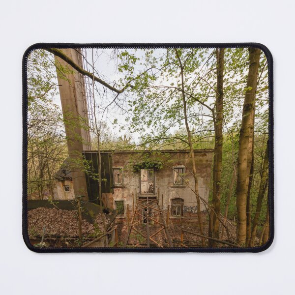 Item preview, Abandoned factory in the woods with a chimney – Lost Place industrial heritage & urban exploration photography designed and sold by MarkusUrbex.