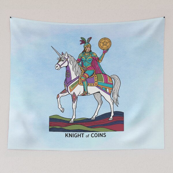 Item preview, Knight of Coins Tarot Card – Vibrant Unicorn Rider Illustration designed and sold by MysticOzzy.