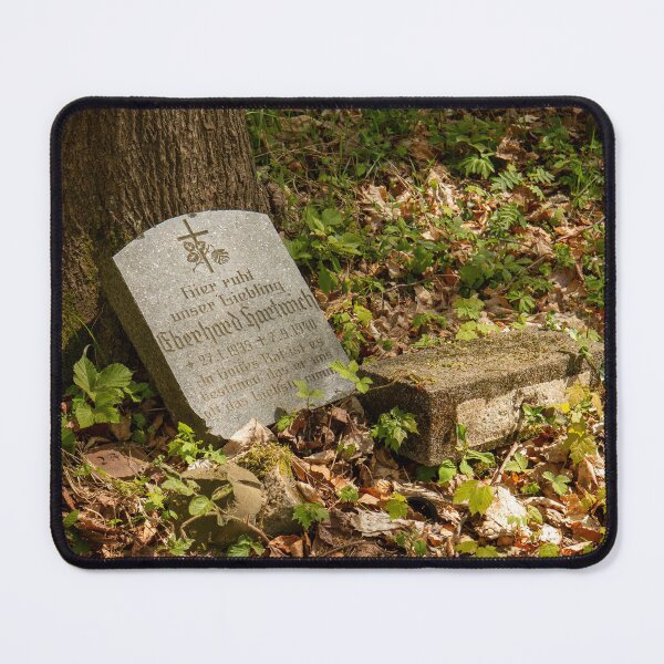 Item preview, Weathered gravestone in the woods – old cemetery & forgotten memory | Photographic art designed and sold by MarkusUrbex.