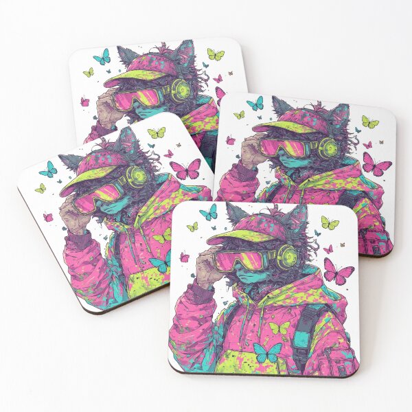 Item preview, Cyberpunk Cat with Sunglasses and Neon Butterflies Pop Art designed and sold by sanorastyle.