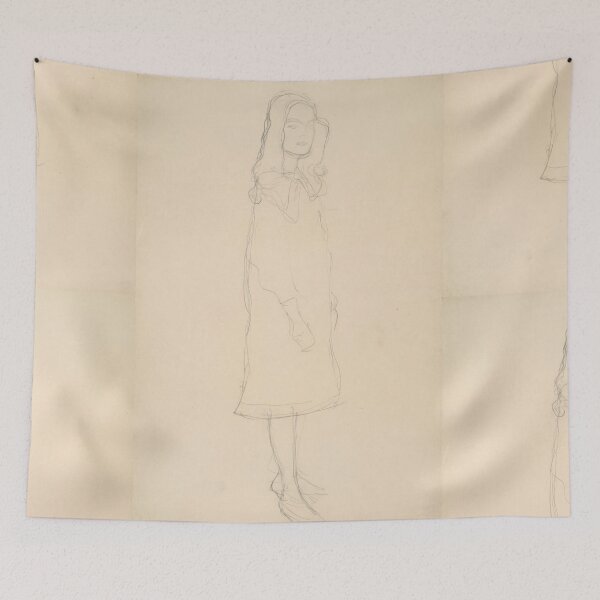 Item preview, Standing Girl in Coat Study for the Portrait Mäda Primavesi by Gustav Klimt: Minimalist Line Art Poster designed and sold by artofuniverse.