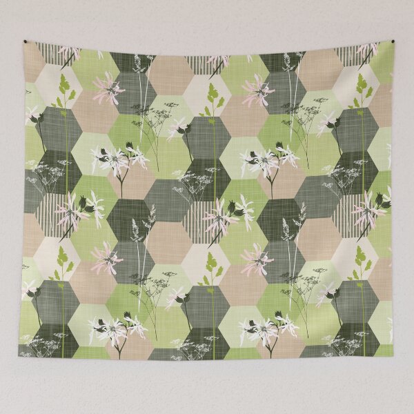 Item preview, ragged robin wildflower hexagons green-beige designed and sold by kobyakov.