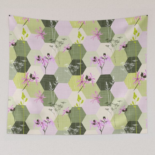 Item preview, ragged robin wildflower hexagons pink-green designed and sold by kobyakov.