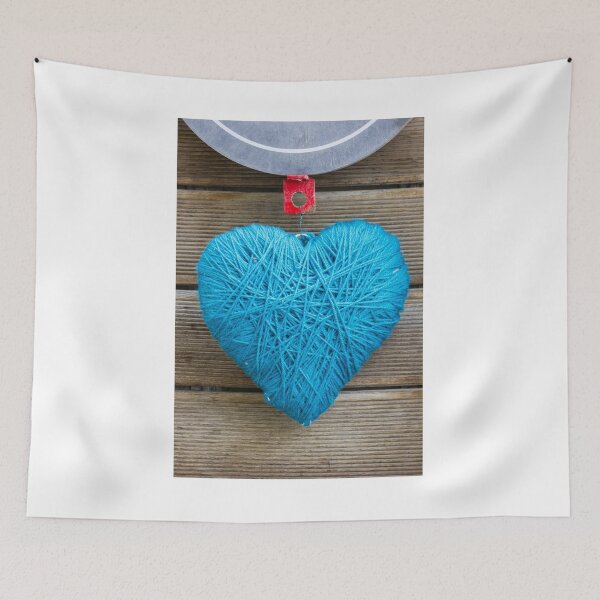 Item preview, Blue Yarn Heart Handmade Ornament Hanging From Wooden Planks With Red Hook designed and sold by Nmallia.