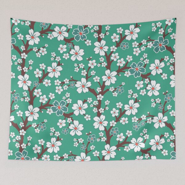 Item preview, Sakura Japanese cherry blossoms in teal designed and sold by Jennifer Ladd.