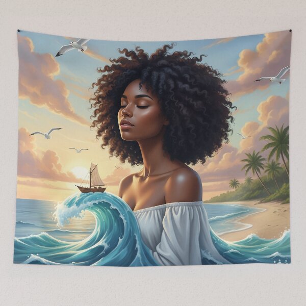 Item preview, Ocean Goddess Serenity – Afro Beauty Fantasy Art by the Sea designed and sold by QuietWallStudio.