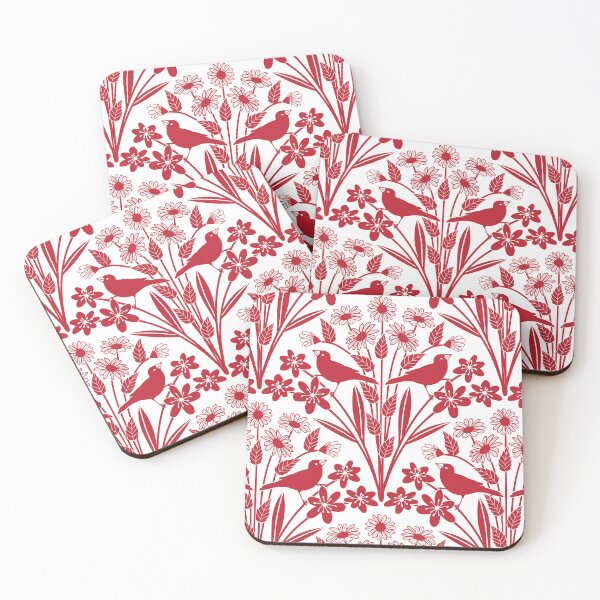 Item preview, Birds and wildflower silhouettes in red and white designed and sold by Jennifer Ladd.