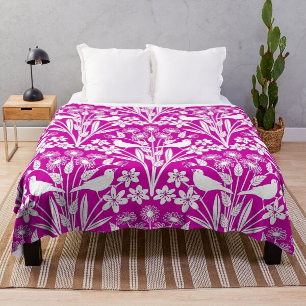 Item preview, Birds and wildflower silhouettes in magenta and white designed and sold by Jennifer Ladd.