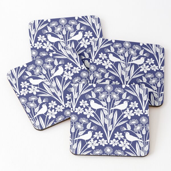 Item preview, Birds and wildflower silhouettes in navy and white designed and sold by Jennifer Ladd.
