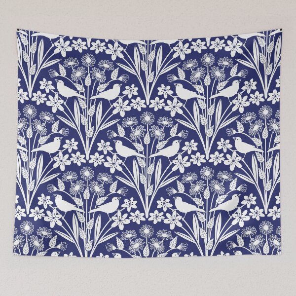 Item preview, Birds and wildflower silhouettes in navy and white designed and sold by Jennifer Ladd.