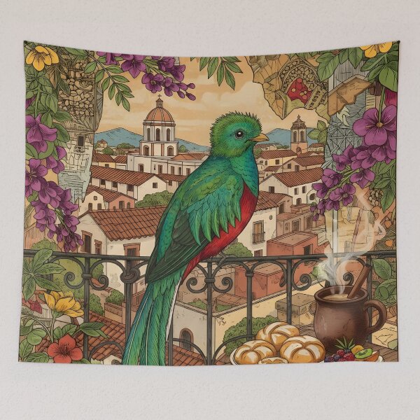 Item preview, Vintage Guatemalan postcard: quetzal, coffee, colonial flowers designed and sold by CoffeeinBloom.