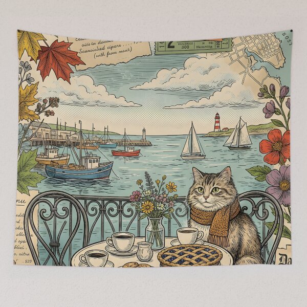 Item preview, Vintage Autumn Café Cat Postcard Halifax designed and sold by CoffeeinBloom.