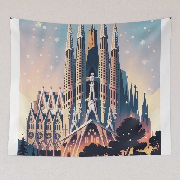 Item preview, Barcelona Sagrada Familia Vintage Travel Poster - Winter Wonderland Retro Art designed and sold by NightIcons.