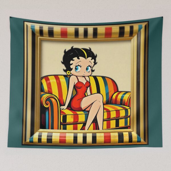Item preview, Betty Boop in Double Stripes - Backpack 8K Vintage Cartoon Maximalist Print with Striped Frame & Couch designed and sold by BlackAndBrown.