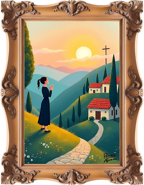 Woman Praying Toward the Cross from a Hillside