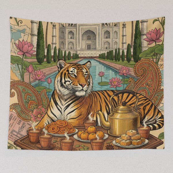 Item preview, Vintage India Tiger and Taj Mahal Postcard designed and sold by CoffeeinBloom.