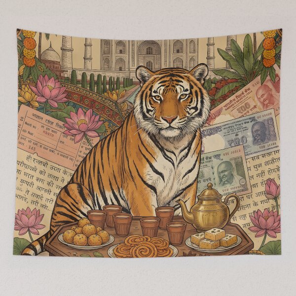 Item preview, Vintage India Tiger and Taj Mahal Postcard designed and sold by CoffeeinBloom.