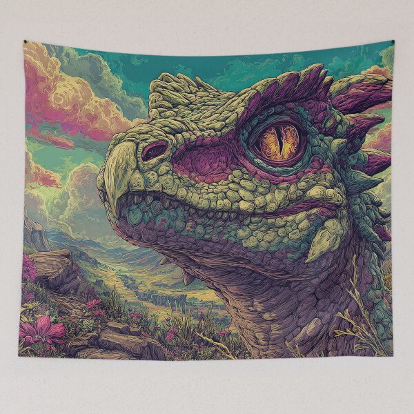 Item preview, Vibrant dragon head in a fantastical landscape designed and sold by Grimwald-Art.