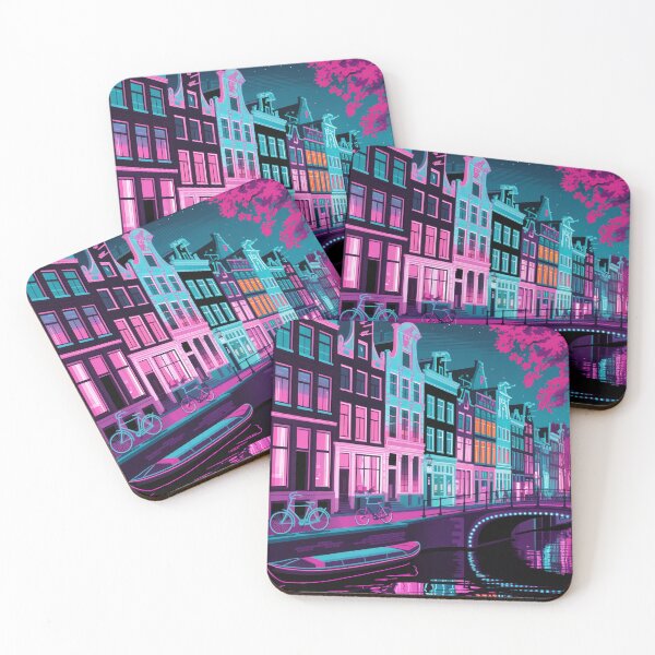 Item preview, Amsterdam Canal Houses Vintage Travel Poster - Neon Night Scene Retro Art designed and sold by NightIcons.