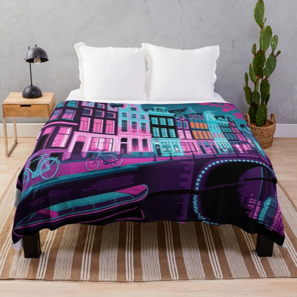 Item preview, Amsterdam Canal Houses Vintage Travel Poster - Neon Night Scene Retro Art designed and sold by NightIcons.