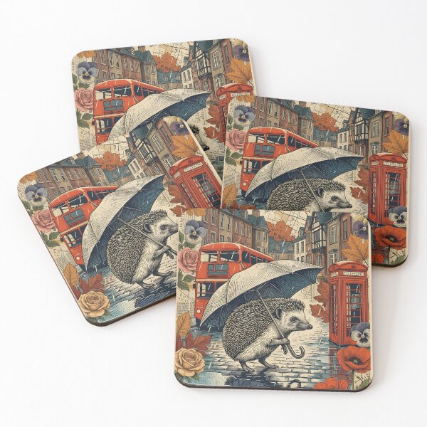Item preview, Vintage London Hedgehog Rainy Postcard designed and sold by CoffeeinBloom.