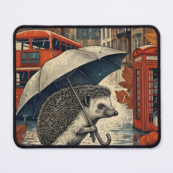 Item preview, Vintage London Hedgehog Rainy Postcard designed and sold by CoffeeinBloom.