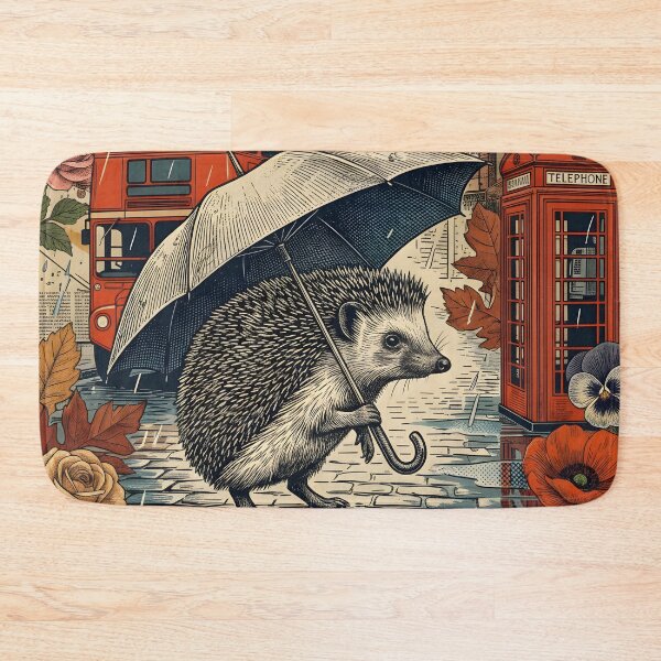 Item preview, Vintage London Hedgehog Rainy Postcard designed and sold by CoffeeinBloom.