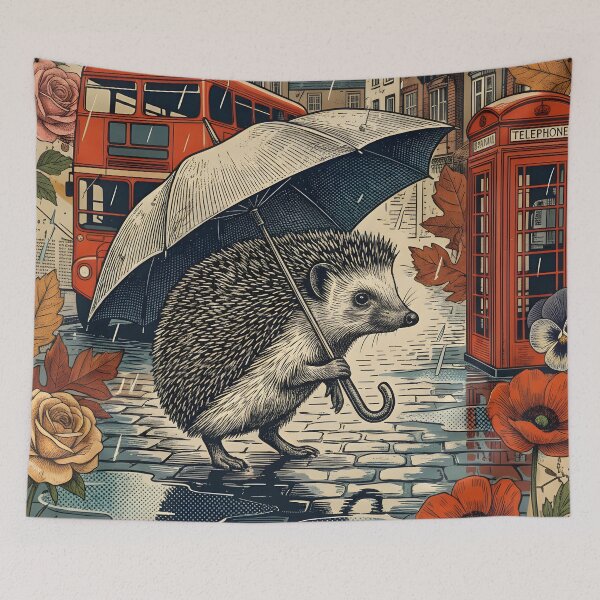 Item preview, Vintage London Hedgehog Rainy Postcard designed and sold by CoffeeinBloom.