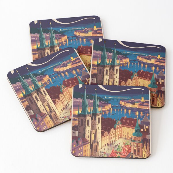 Item preview, Prague Old Town Square Vintage Travel Poster - Holiday Lights Retro Art designed and sold by NightIcons.