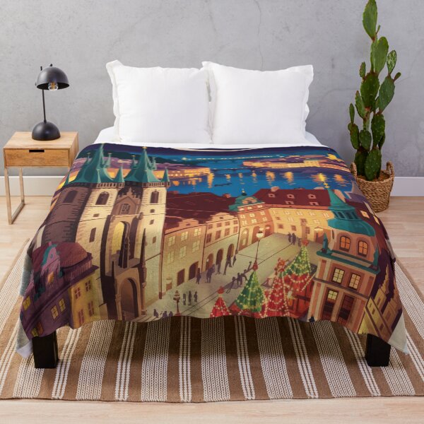 Item preview, Prague Old Town Square Vintage Travel Poster - Holiday Lights Retro Art designed and sold by NightIcons.