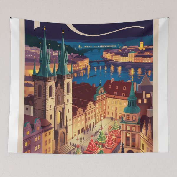 Item preview, Prague Old Town Square Vintage Travel Poster - Holiday Lights Retro Art designed and sold by NightIcons.
