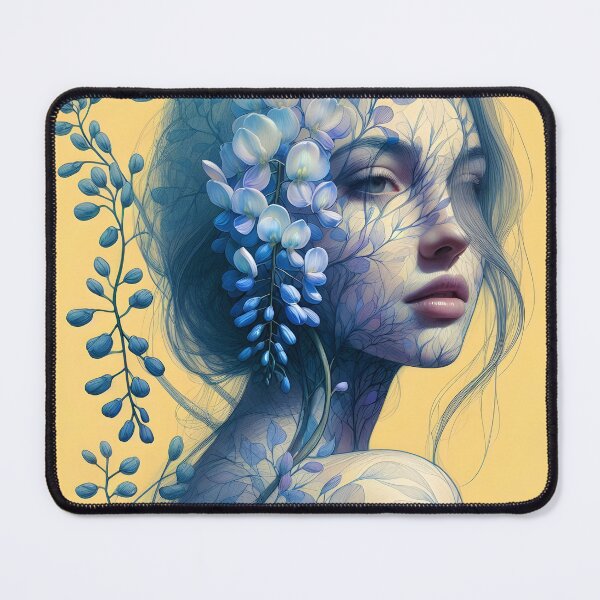 Item preview, Wisteria Blue Blossoms & Shadowed Muse on Golden Ground designed and sold by EmeraldeaArt.