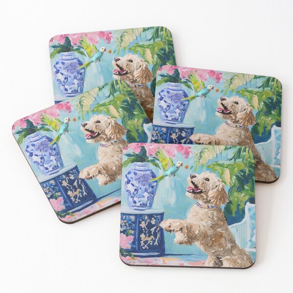 Item preview, Grandmillennial art, Catching a treat, whimsical Labradoodle and budgie designed and sold by SophieClimaArt.