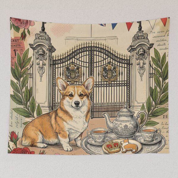 Item preview, Vintage London Corgi Tea Postcard designed and sold by CoffeeinBloom.